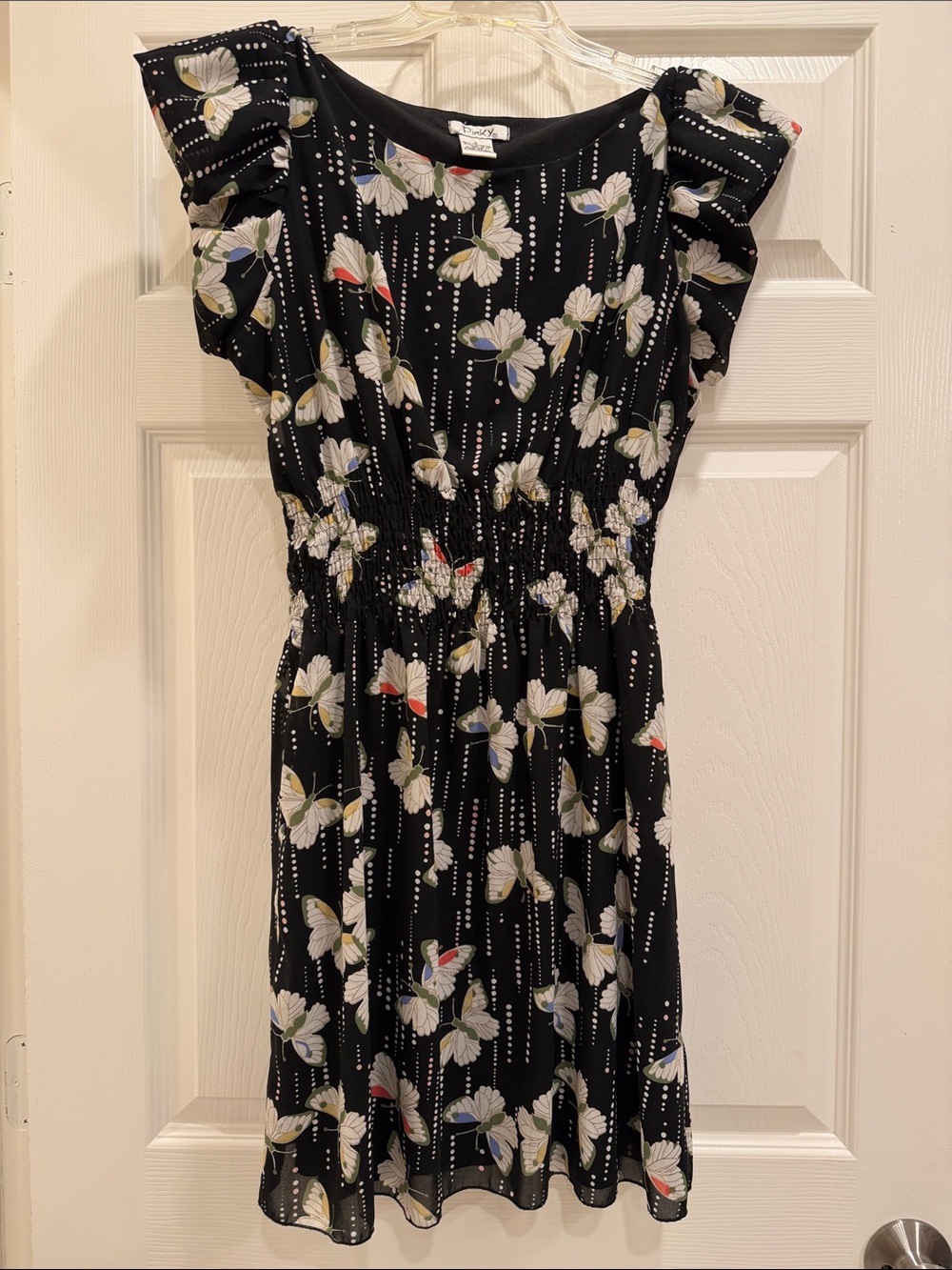 Juniors Black Butterfly Print Dress with Flutter Sleeves